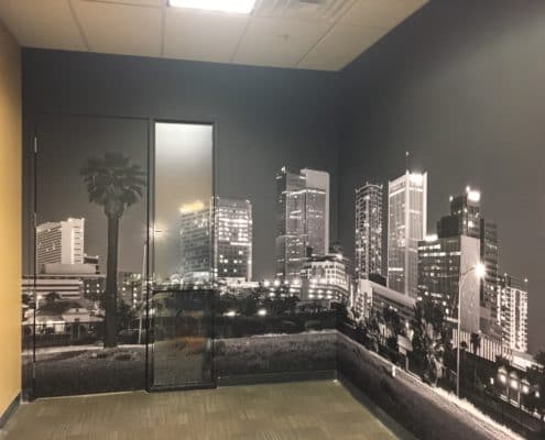 dramatic black and white images make this wall mural work.