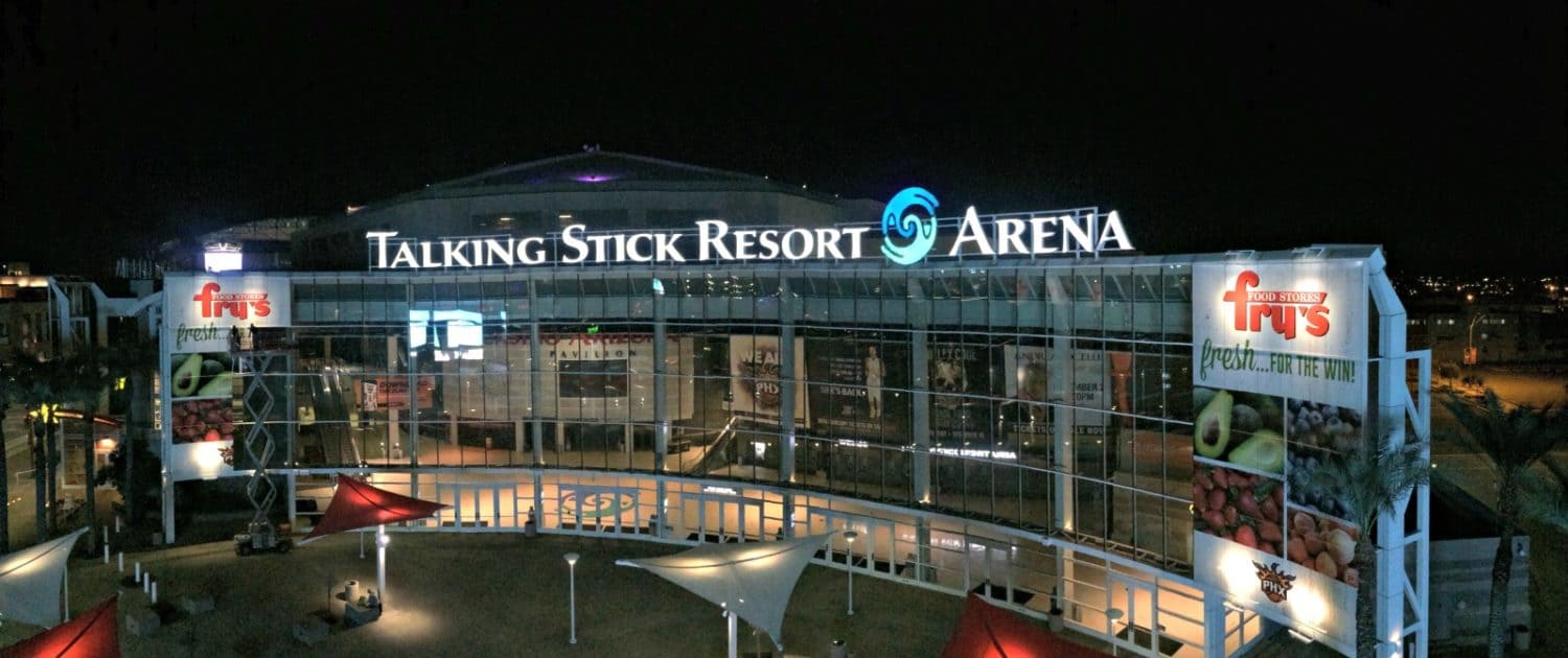 Amazing night image of Talking Stick Resort Arena and amazing venue signage.