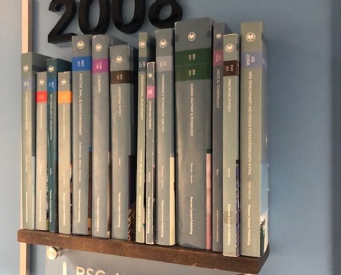 Books were used to create interest in the wall mural and add dimension. Very cool wall murals use a variety of media.